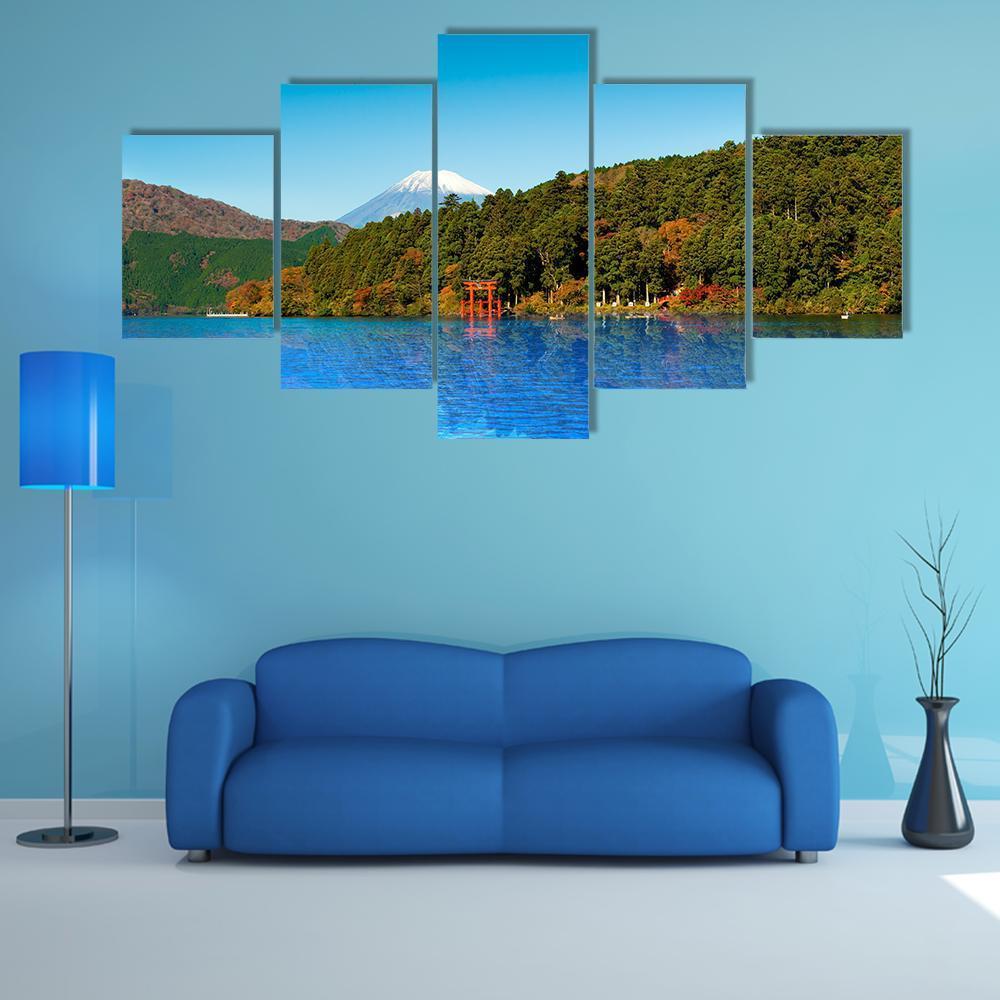 Red Torii Gate On Shore Of Lake Ashi Canvas Wall Art-5 Star-Gallery Wrap-62" x 32"-Tiaracle