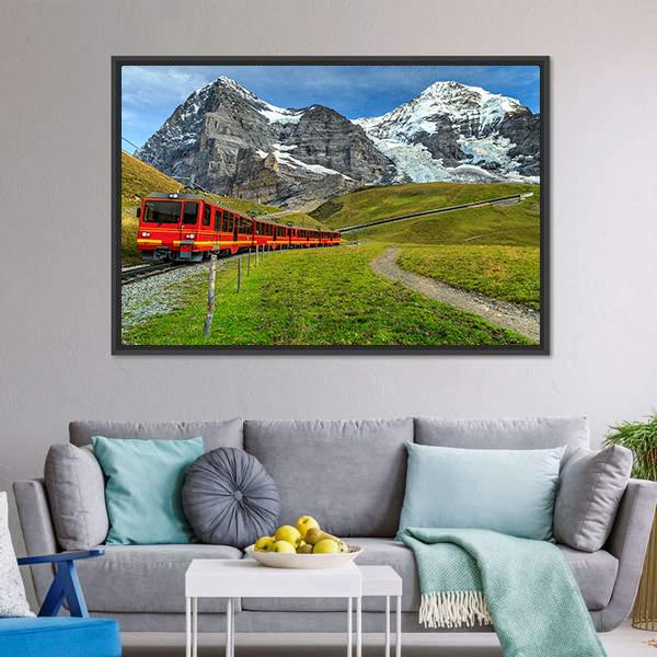 Red Tourist Train Switzerland Panoramic Canvas Wall Art-1 Piece-36" x 12"-Tiaracle