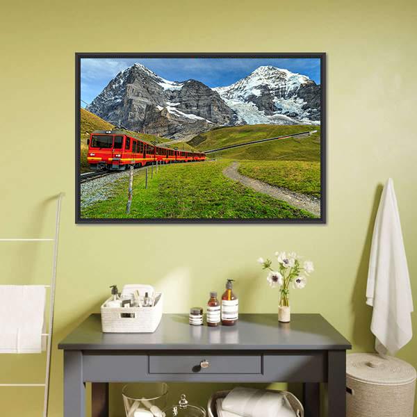Red Tourist Train Switzerland Panoramic Canvas Wall Art-1 Piece-36" x 12"-Tiaracle