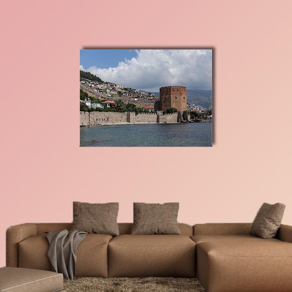 Red Tower and Castle , Alanya Turkey Canvas Wall Art in gray, brown and blue, single panel hung on a wall