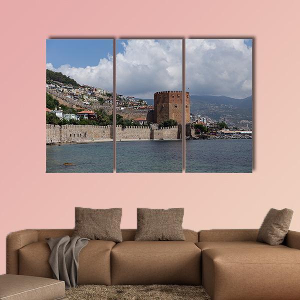 Red Tower And Castle Wall Of Alanya In Turkey Canvas Wall Art-3 Horizontal-Gallery Wrap-37" x 24"-Tiaracle