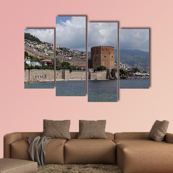 Red Tower And Castle Wall Of Alanya In Turkey Canvas Wall Art-4 Pop-Gallery Wrap-50" x 32"-Tiaracle