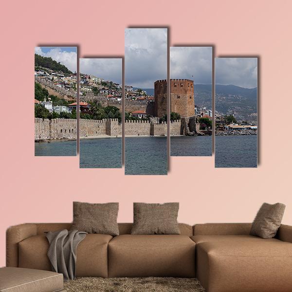 Red Tower And Castle Wall Of Alanya In Turkey Canvas Wall Art-5 Pop-Gallery Wrap-47" x 32"-Tiaracle