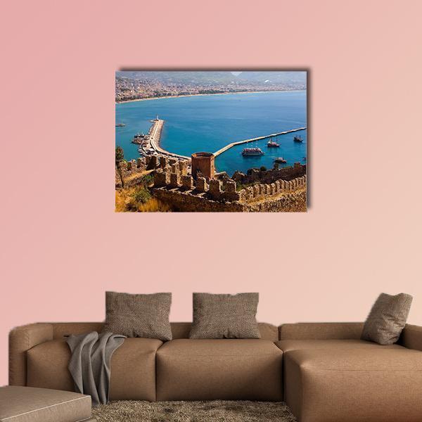 Red Tower in Turkey Canvas Wall Art in brown, red and blue, single panel hung on a wall