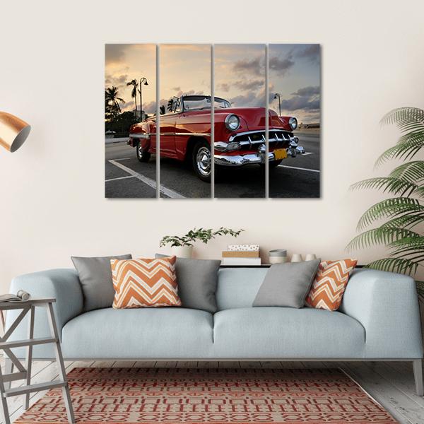Red Vintage Car Parked In Havana Street Canvas Wall Art-4 Horizontal-Gallery Wrap-34" x 24"-Tiaracle