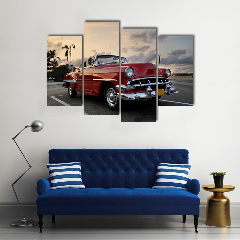 Red Vintage Car Parked In Havana Street Canvas Wall Art-4 Pop-Gallery Wrap-50" x 32"-Tiaracle