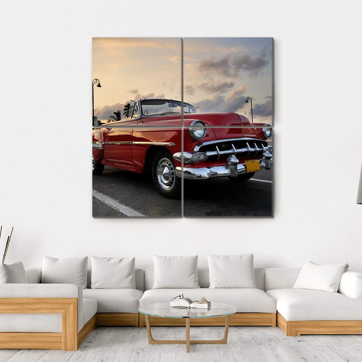 Red Vintage Car Parked In Havana Street Canvas Wall Art-4 Square-Gallery Wrap-17" x 17"-Tiaracle