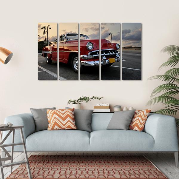 Red Vintage Car Parked In Havana Street Canvas Wall Art-5 Horizontal-Gallery Wrap-22" x 12"-Tiaracle