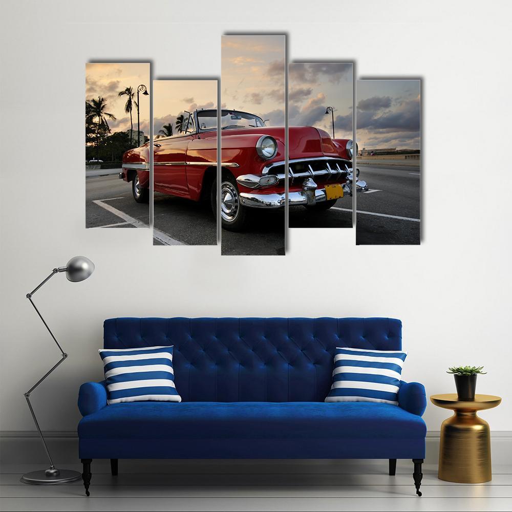 Red Vintage Car Parked In Havana Street Canvas Wall Art-5 Pop-Gallery Wrap-47&quot; x 32&quot;-Tiaracle