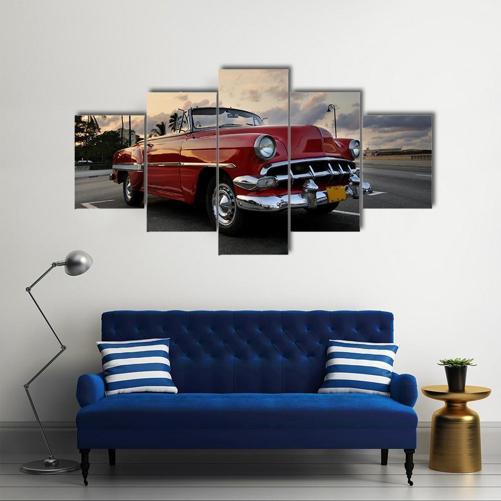 Red Vintage Car Parked In Havana Street Canvas Wall Art-5 Star-Gallery Wrap-62&quot; x 32&quot;-Tiaracle
