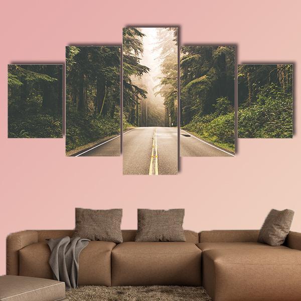 Redwood Forest Highway In California Canvas Wall Art-5 Star-Gallery Wrap-62" x 32"-Tiaracle