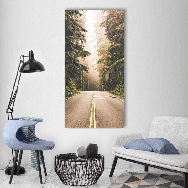 Redwood Forest Highway in California Vertical Canvas Wall Art in gray, brown and green, single vertical panel hung on a wall