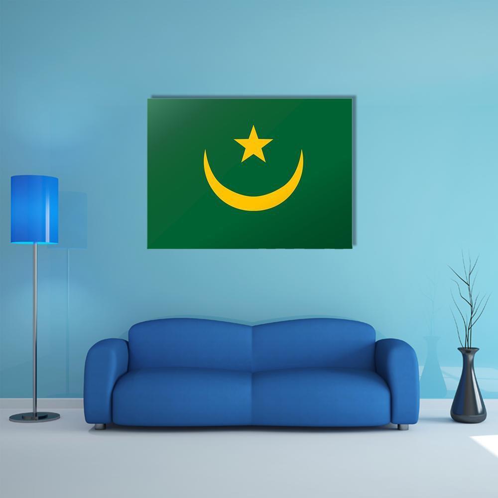 Mauritania Flag Reflection Canvas Wall Art in yellow and green, single panel hung on a wall