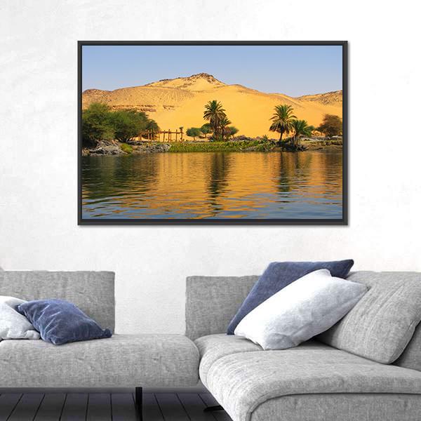 Reflection Of A Sand Dune Over The Nile River Canvas Wall Art-3 Horizontal-Gallery Wrap-25" x 16"-Tiaracle