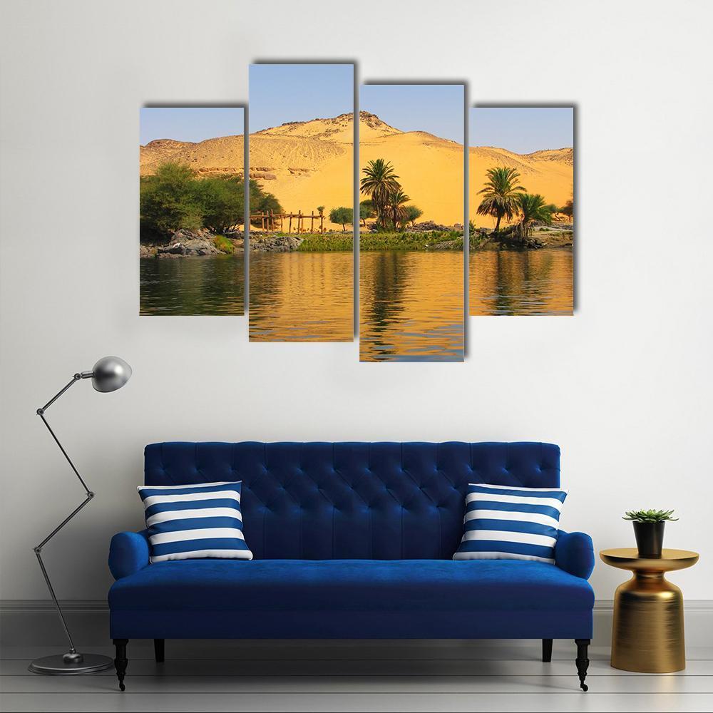 Reflection Of A Sand Dune Over The Nile River Canvas Wall Art-4 Pop-Gallery Wrap-50" x 32"-Tiaracle