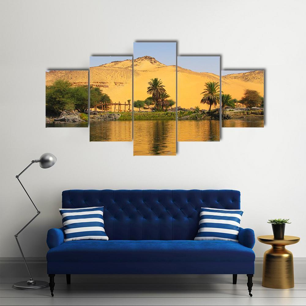 Reflection Of A Sand Dune Over The Nile River Canvas Wall Art-5 Star-Gallery Wrap-62" x 32"-Tiaracle