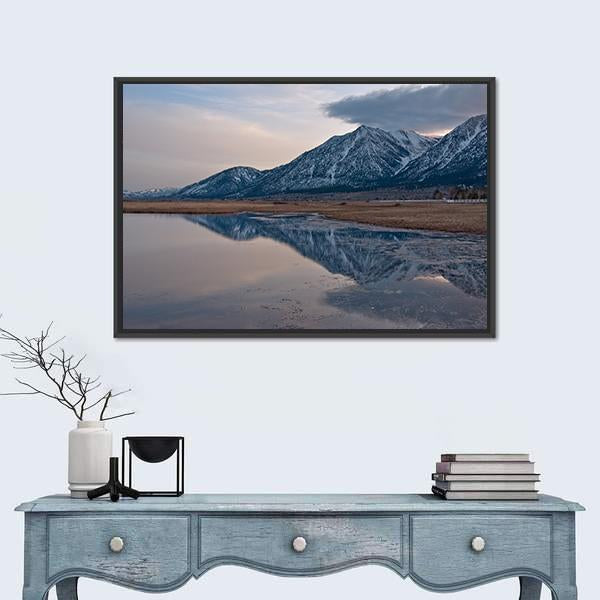 Sunset Reflection on Snow-capped Mountain Lake Canvas Wall Art in gray, brown and blue, framed canvas, product view on a white background
