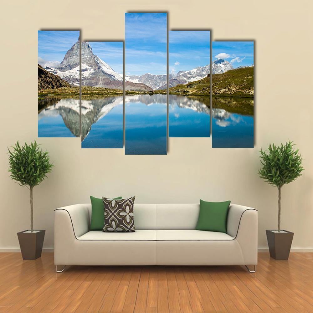 Reflection Of Matterhorn In Lake Canvas Wall Art-5 Pop-Gallery Wrap-47" x 32"-Tiaracle