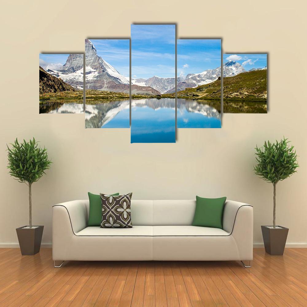 Reflection Of Matterhorn In Lake Canvas Wall Art-5 Star-Gallery Wrap-62" x 32"-Tiaracle