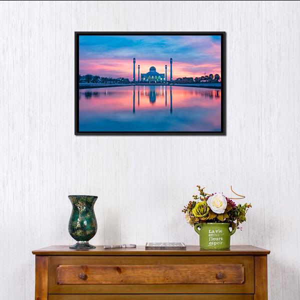 Reflection Of Mosque In Lake Canvas Wall Art-1 Piece-Floating Frame-24" x 16"-Tiaracle