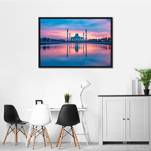 Reflection Of Mosque In Lake Canvas Wall Art-3 Horizontal-Gallery Wrap-25" x 16"-Tiaracle
