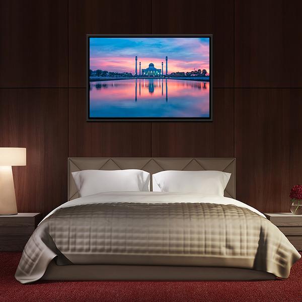 Reflection Of Mosque In Lake Canvas Wall Art-3 Horizontal-Gallery Wrap-25" x 16"-Tiaracle