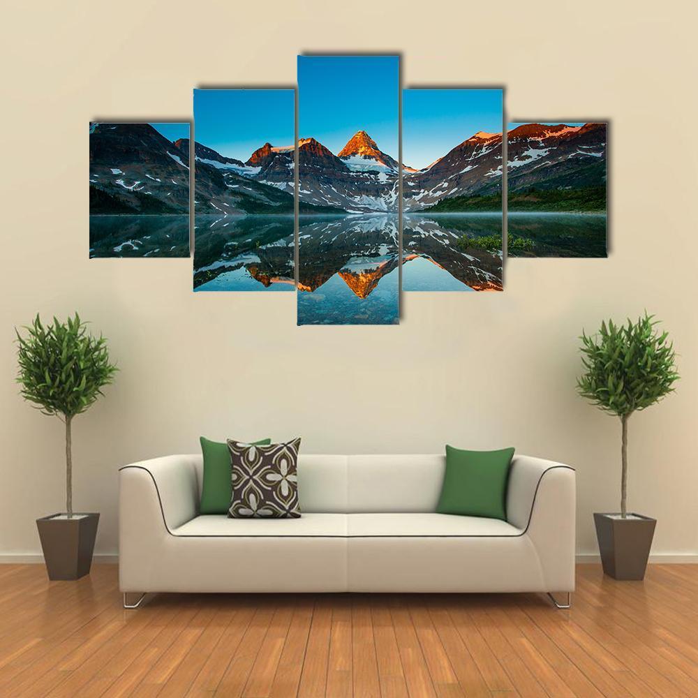 Reflection Of Mount Assiniboine On Magog Lake Canvas Wall Art-5 Star-Gallery Wrap-62" x 32"-Tiaracle