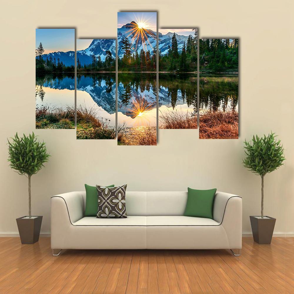 Reflection Of Mountain In Lake Canvas Wall Art-5 Pop-Gallery Wrap-47" x 32"-Tiaracle