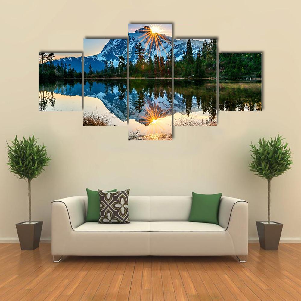 Reflection Of Mountain In Lake Canvas Wall Art-5 Star-Gallery Wrap-62" x 32"-Tiaracle