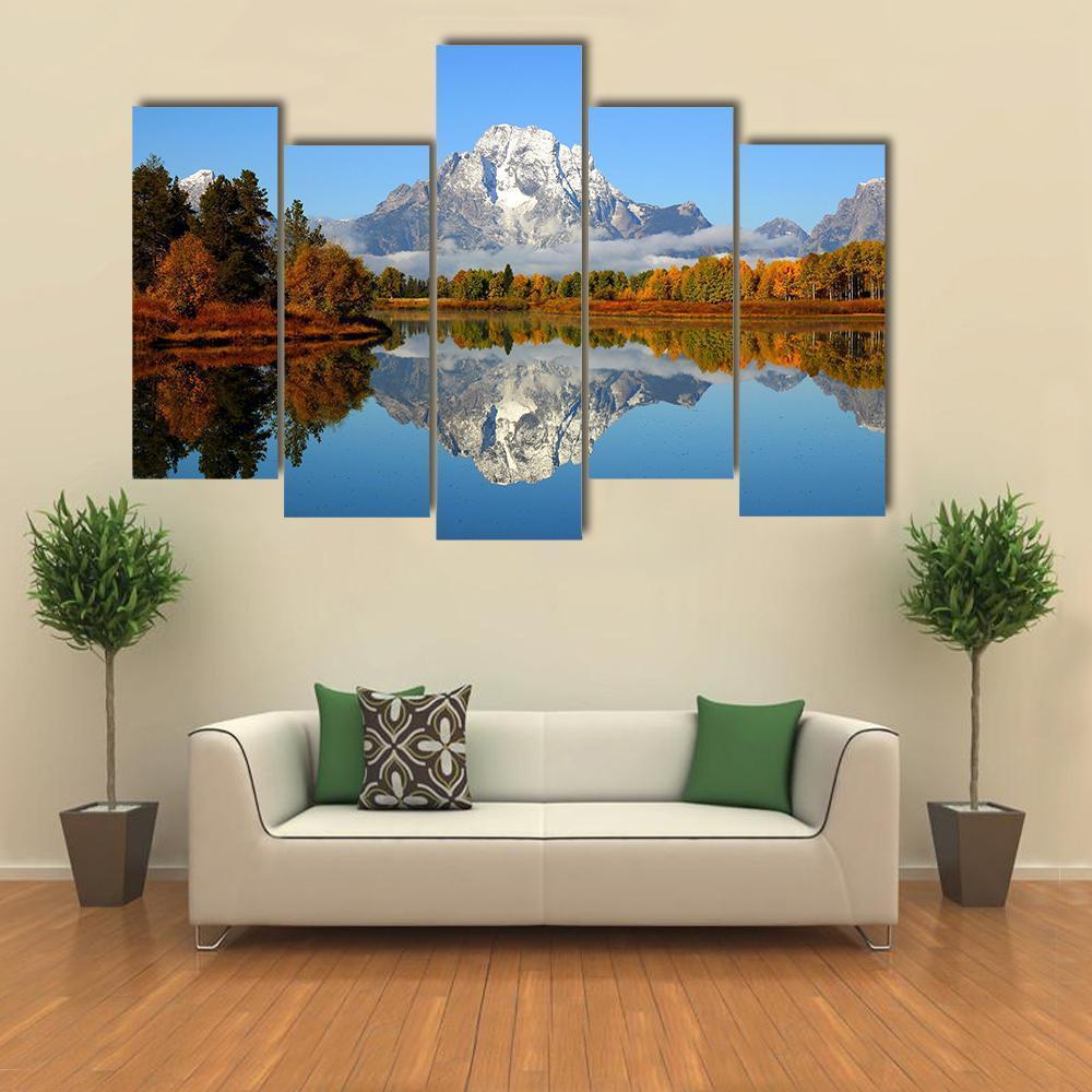 Reflection Of Mountain Range In Lake Canvas Wall Art-5 Pop-Gallery Wrap-47" x 32"-Tiaracle