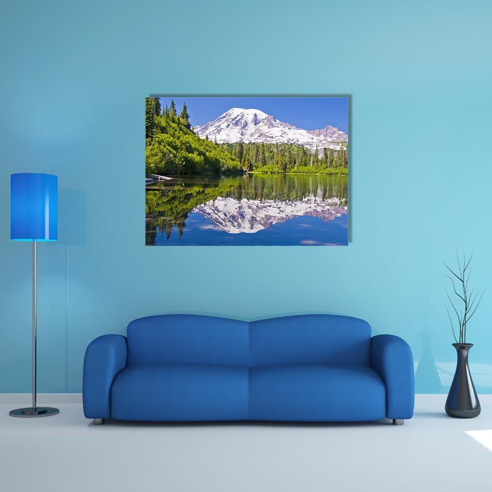 Bench Lake Reflection of Mt Rainier Canvas Wall Art in white, green and blue, single panel hung on a wall