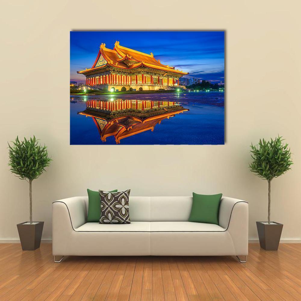 Reflection of National Concert Hall Canvas Wall Art in orange, yellow and blue, single panel hung on a wall