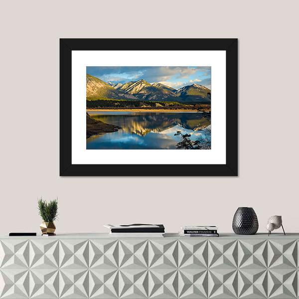 Reflection Of Rocky Mountains In Lake Canvas Wall Art-1 Piece-Framed Print-20" x 16"-Tiaracle