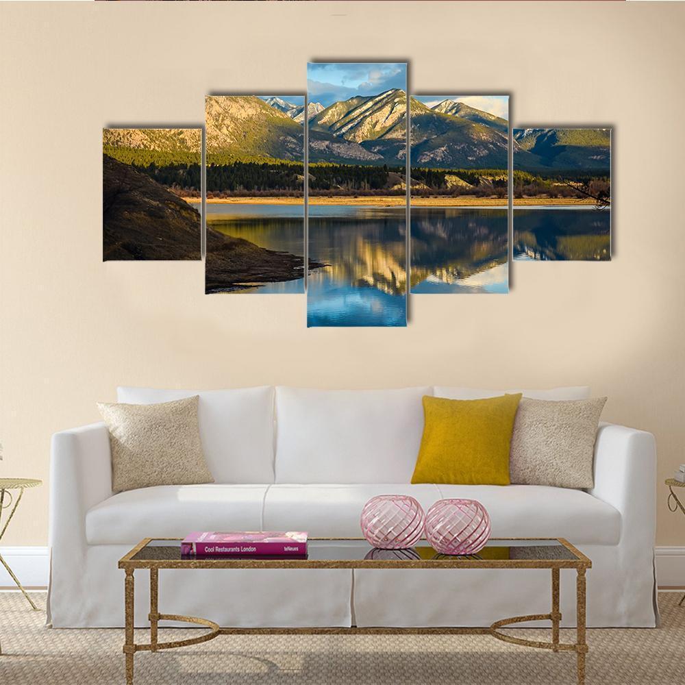 Reflection Of Rocky Mountains In Lake Canvas Wall Art-5 Star-Gallery Wrap-62" x 32"-Tiaracle