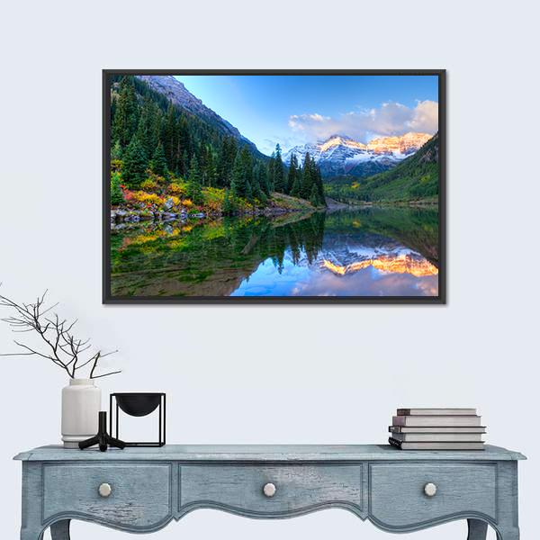Autumn Reflection of Maroon Bells Canvas Wall Art in green and blue, framed canvas, product view on a white background