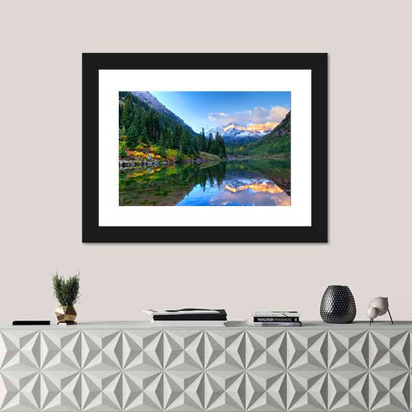Reflection Of Snowcapped Maroon Bells In Fall Canvas Wall Art-1 Piece-Framed Print-20" x 16"-Tiaracle