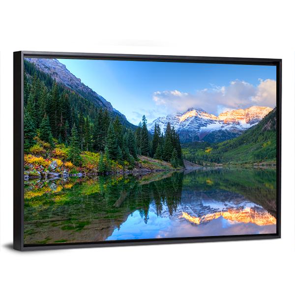 Reflection Of Snowcapped Maroon Bells In Fall Canvas Wall Art-3 Horizontal-Gallery Wrap-25" x 16"-Tiaracle