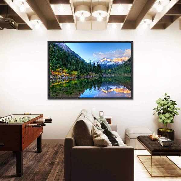 Reflection Of Snowcapped Maroon Bells In Fall Canvas Wall Art-3 Horizontal-Gallery Wrap-25" x 16"-Tiaracle