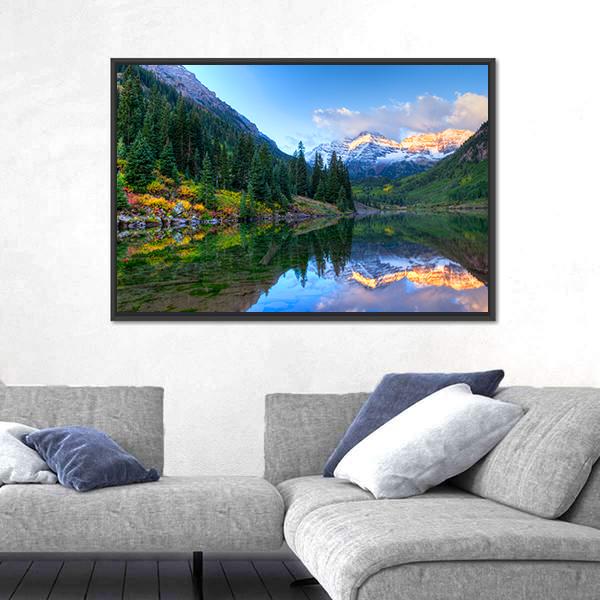 Reflection Of Snowcapped Maroon Bells In Fall Canvas Wall Art-3 Horizontal-Gallery Wrap-25" x 16"-Tiaracle