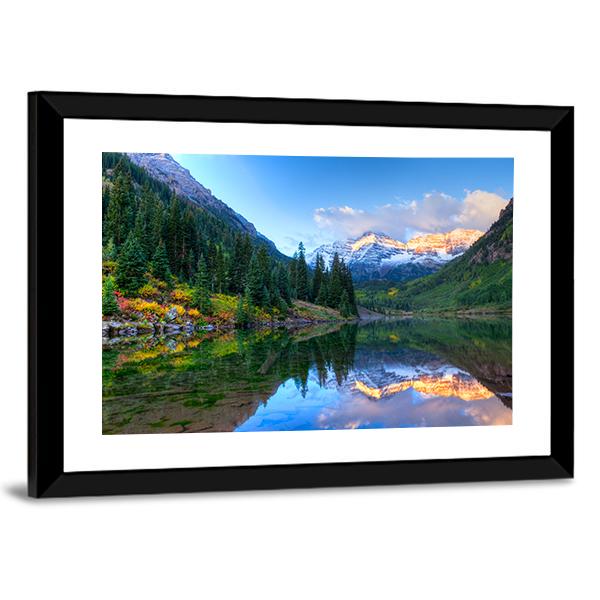 Reflection Of Snowcapped Maroon Bells In Fall Canvas Wall Art-3 Horizontal-Gallery Wrap-25" x 16"-Tiaracle