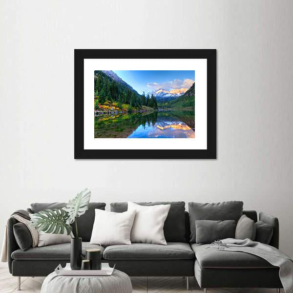 Reflection Of Snowcapped Maroon Bells In Fall Canvas Wall Art-3 Horizontal-Gallery Wrap-25" x 16"-Tiaracle