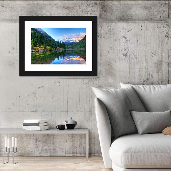 Reflection Of Snowcapped Maroon Bells In Fall Canvas Wall Art-3 Horizontal-Gallery Wrap-25" x 16"-Tiaracle