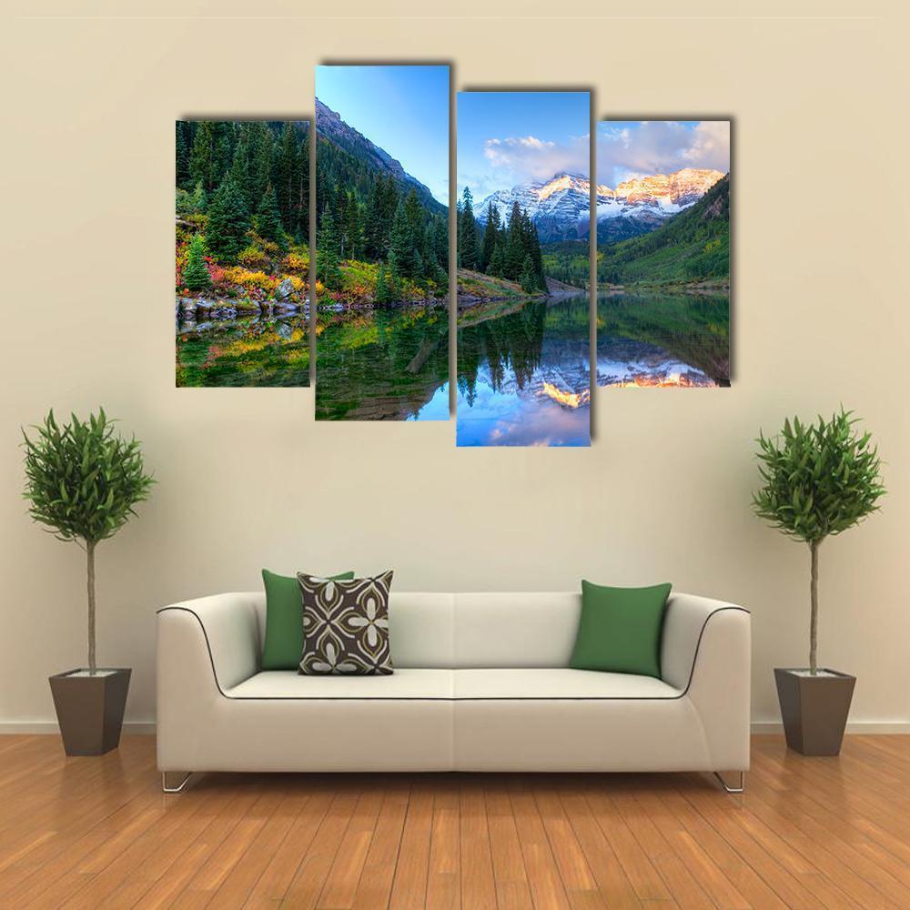 Reflection Of Snowcapped Maroon Bells In Fall Canvas Wall Art-4 Pop-Gallery Wrap-50" x 32"-Tiaracle