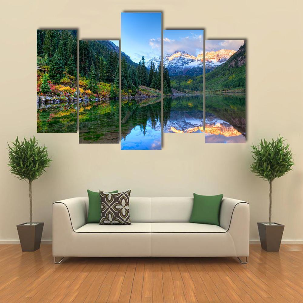 Reflection Of Snowcapped Maroon Bells In Fall Canvas Wall Art-5 Pop-Gallery Wrap-47" x 32"-Tiaracle