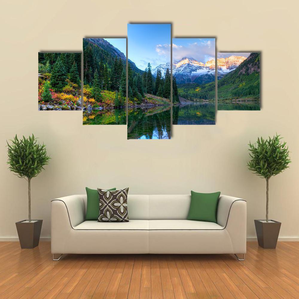 Reflection Of Snowcapped Maroon Bells In Fall Canvas Wall Art-5 Star-Gallery Wrap-62" x 32"-Tiaracle