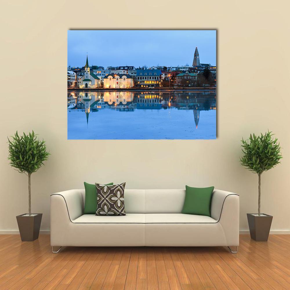 Reflection Of The Cityscape Of Reykjavik Canvas Wall Art-5 Pop-Gallery Wrap-47" x 32"-Tiaracle