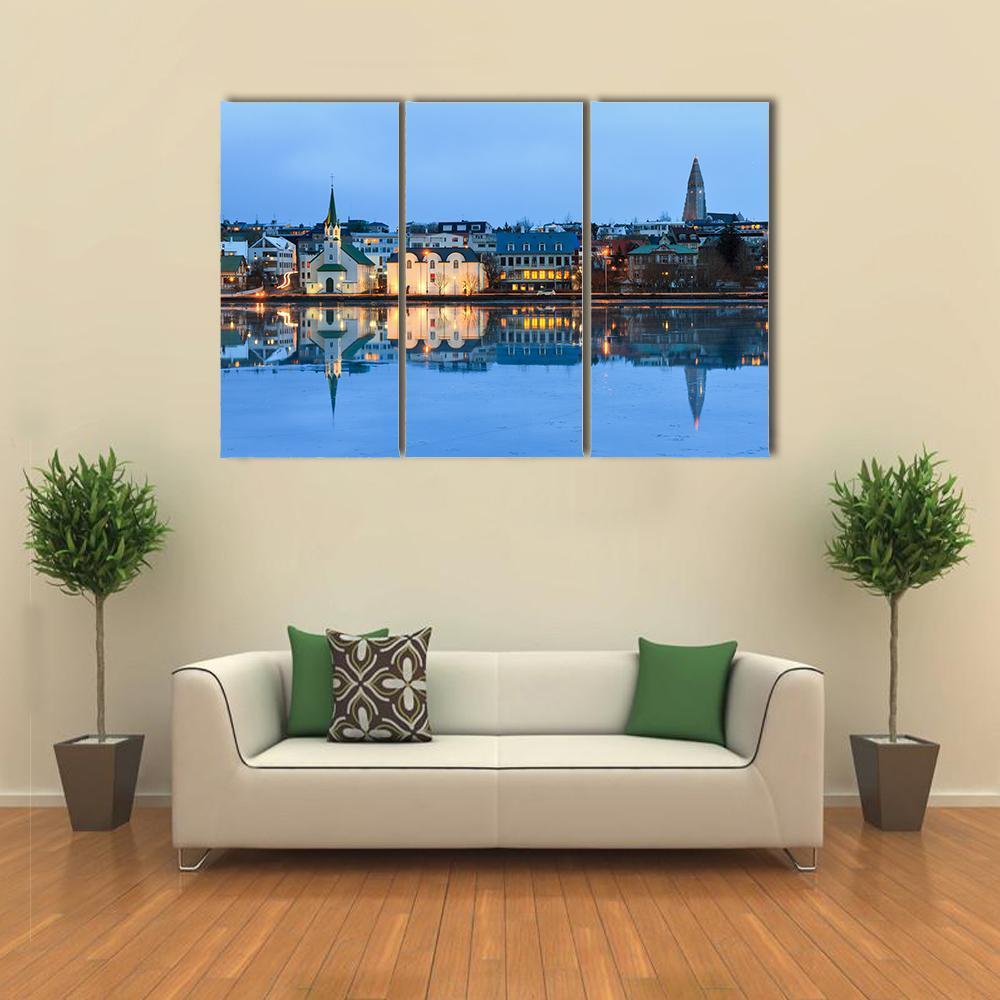 Reflection Of The Cityscape Of Reykjavik Canvas Wall Art-3 Horizontal-Gallery Wrap-37" x 24"-Tiaracle