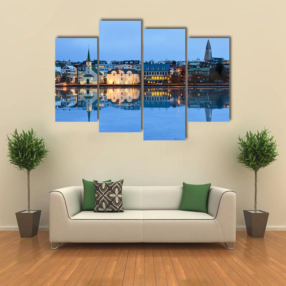 Reflection Of The Cityscape Of Reykjavik Canvas Wall Art-4 Pop-Gallery Wrap-50" x 32"-Tiaracle