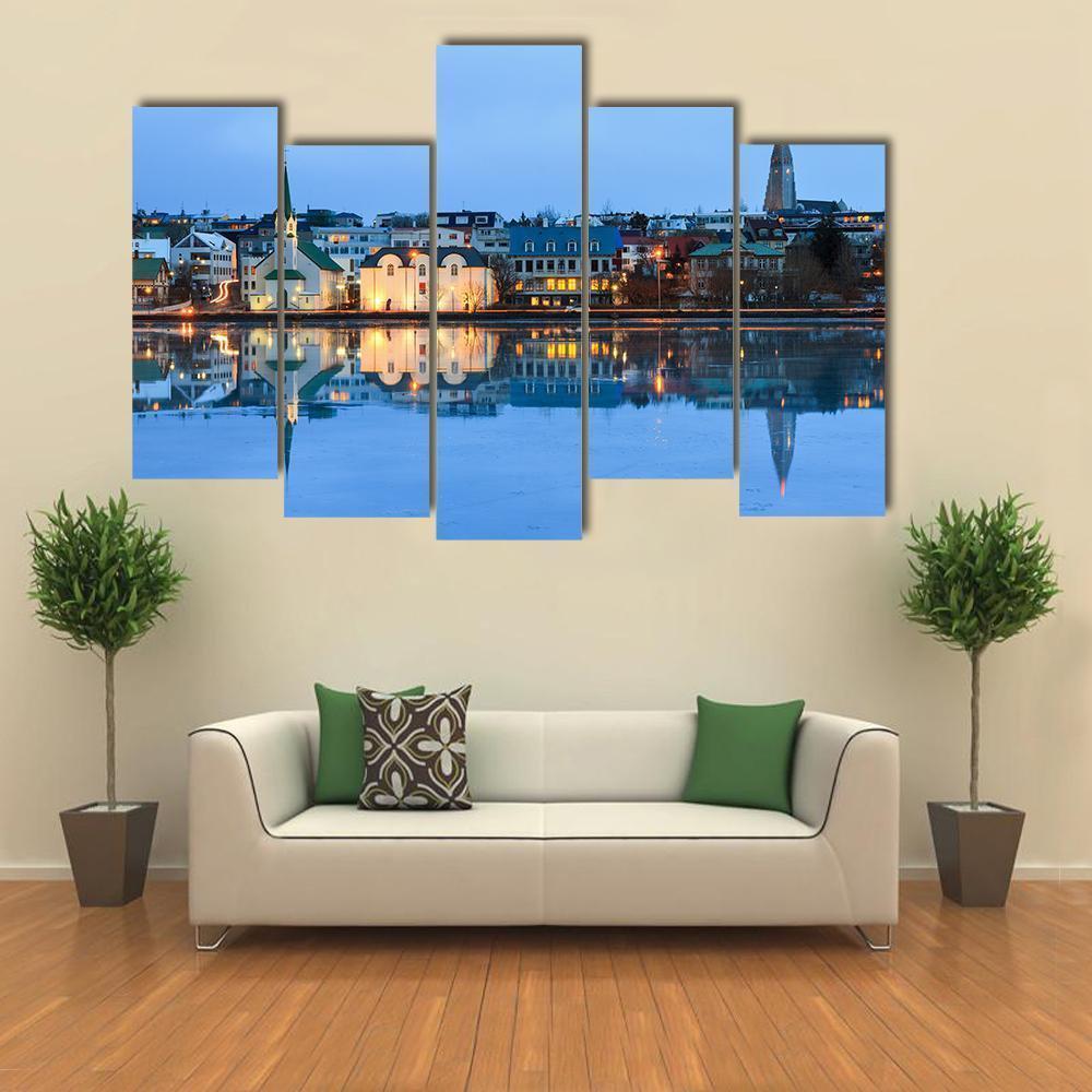 Reflection Of The Cityscape Of Reykjavik Canvas Wall Art-5 Pop-Gallery Wrap-47" x 32"-Tiaracle