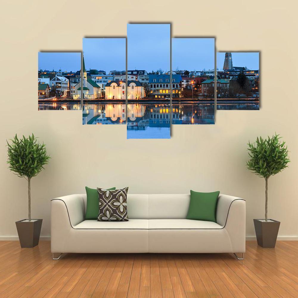 Reflection Of The Cityscape Of Reykjavik Canvas Wall Art-5 Star-Gallery Wrap-62" x 32"-Tiaracle